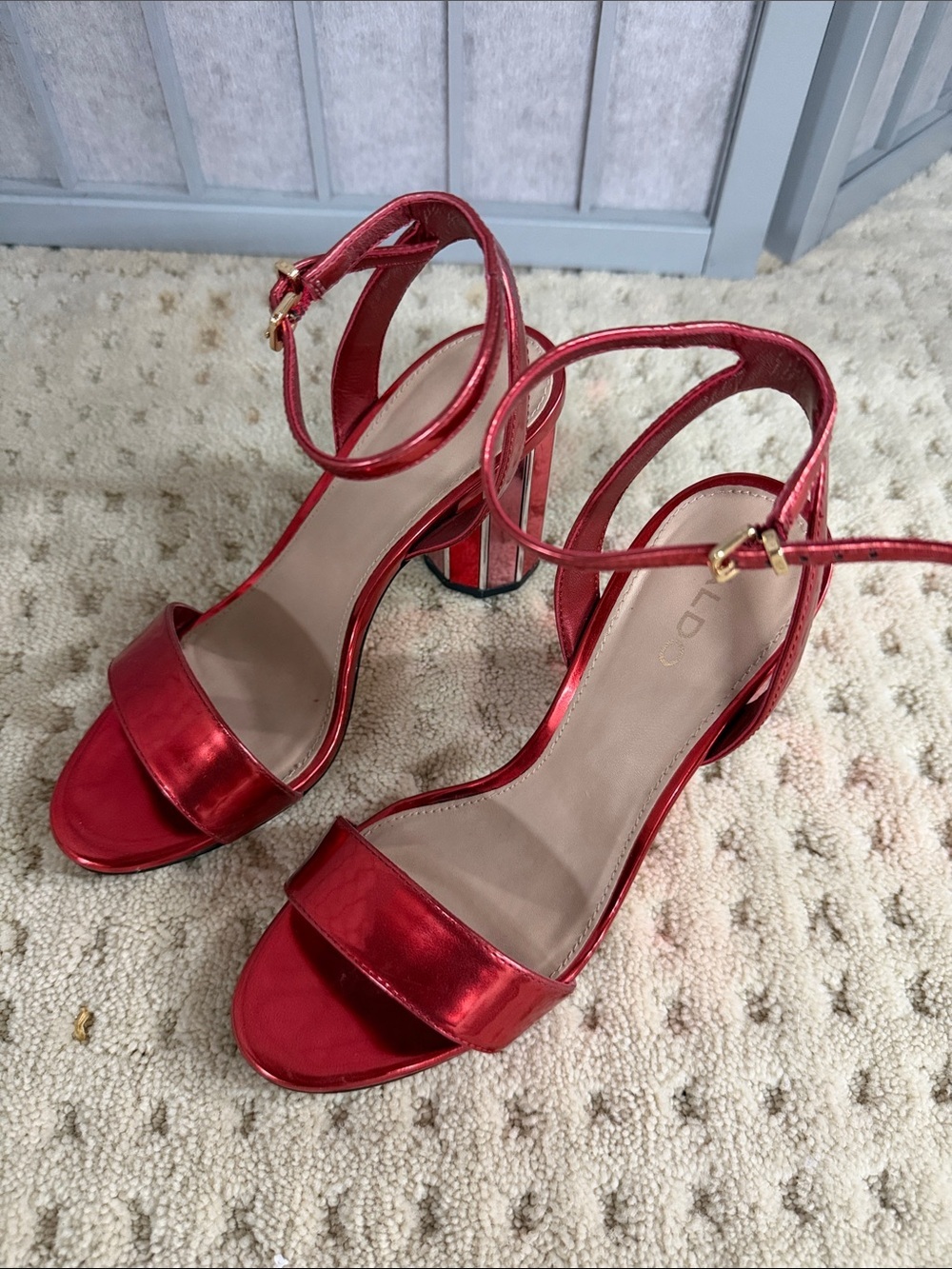 Aldo Shiny Red Metallic Ankle-Strap Block Sandals